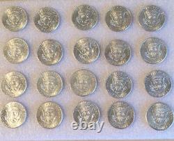 1964 20 Kennedy 90% Silver Half Dollars Full Roll Brilliant Color Coins