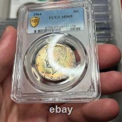 1964 50C MS65 Toned Kennedy Silver Half Dollar PCGS Gold Shield Rainbow Toning