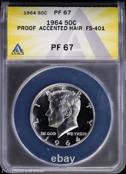 1964 50c Proof Accented Hair Kennedy Half Dollar ANACS PR 67 FS-401