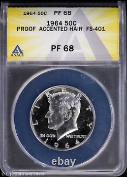 1964 50c Proof Accented Hair Kennedy Half Dollar ANACS PR 68 FS-401