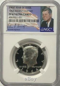 1964 NGC PF67 ULTRA CAMEO ACCENT HAIR PROOF KENNEDY HALF DOLLAR SILVER 50 c UCAM