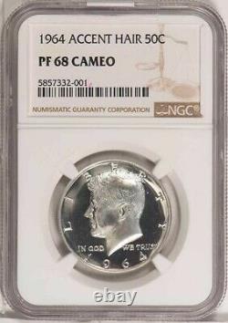 1964 accented hair U. S. Proof Kennedy half dollar graded PF68 cameo by NGC