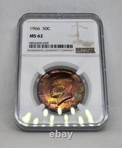 1966 50C Kennedy Silver Half Dollar Coin NGC MS62 Monster Rainbow Toned Semi PL