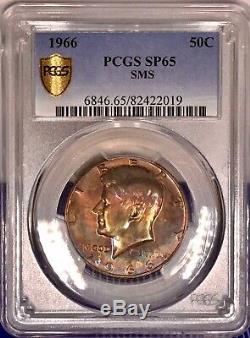 1966-P Kennedy Half Dollar PCGS SP65 SMS Attractive RAINBOW TONED DUAL TONING