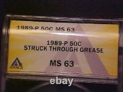 1989-p Kennedy Half Dollar-struck Through Grease! -anacs Ms 63-die Blockage! D2358