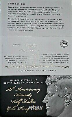 2014 W 50th Anniversary Kennedy Proof Half Dollar, 3/4 OZ. . 9999 Fine Gold