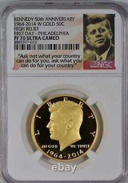 2014 W Gold High Relief 50th Kennedy Half Dollar NGC PR70 UCAM 1st Day Philly