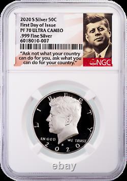 2020-S. 999 oz Silver Kennedy Half Dollar First Day of Issue PF70 Ultra Cameo