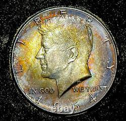 Amazing Color BU 1964 50C Kennedy Silver Half Dollar Coin Rainbow Toned