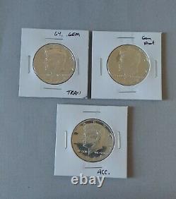 Lot of (3) 1964 Proof Kennedy Silver Half Dollar, Accented Hair, Transitional &