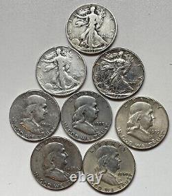 Lot of 8 Silver Half Dollars (Liberty and Franklin) 90% Silver