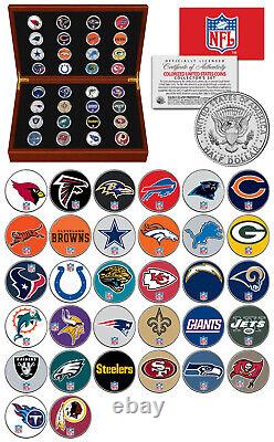 NFL FOOTBALL LOGO U. S. JFK Half Dollar 32-Coin Set in Premium Cherry Wood Box