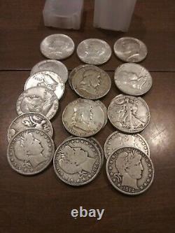 Roll Of 20 Mixed Silver Barber, Walking Liberty, Franklin, Kennedy Half Dollars